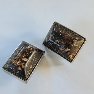 Vintage Rectangular Brown Speckled Stone Earrings in Silver Frame Les Bernard